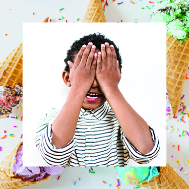 ALX_FamExpo_WebEvent_375x375_v1 Little boy smiling with hands over his eyes and ice cream cones in the background