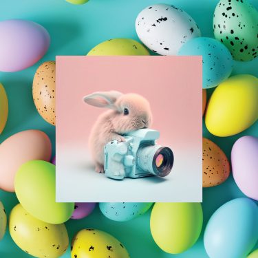 Social media graphic-01 Bunny camera baby bunny with blue camera with Easter eggs on background